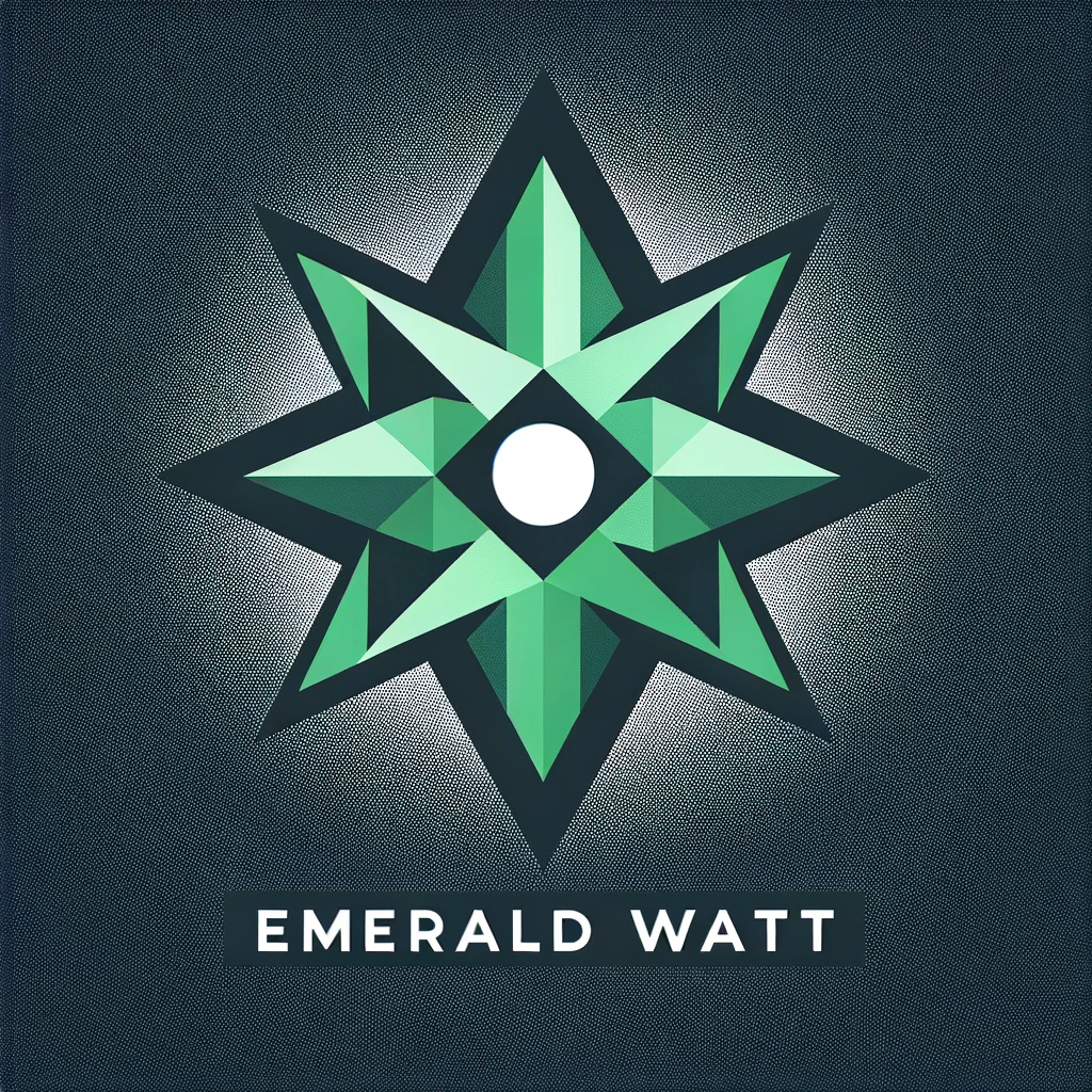 Logo of Emerald Watt featuring a minimalistic design with a few large, sharp-angled triangles in emerald green above a central white dot, symbolizing modern smart home technology, with the company name in sleek charcoal grey sans-serif font below. Positioned against a dark background for high contrast and visibility