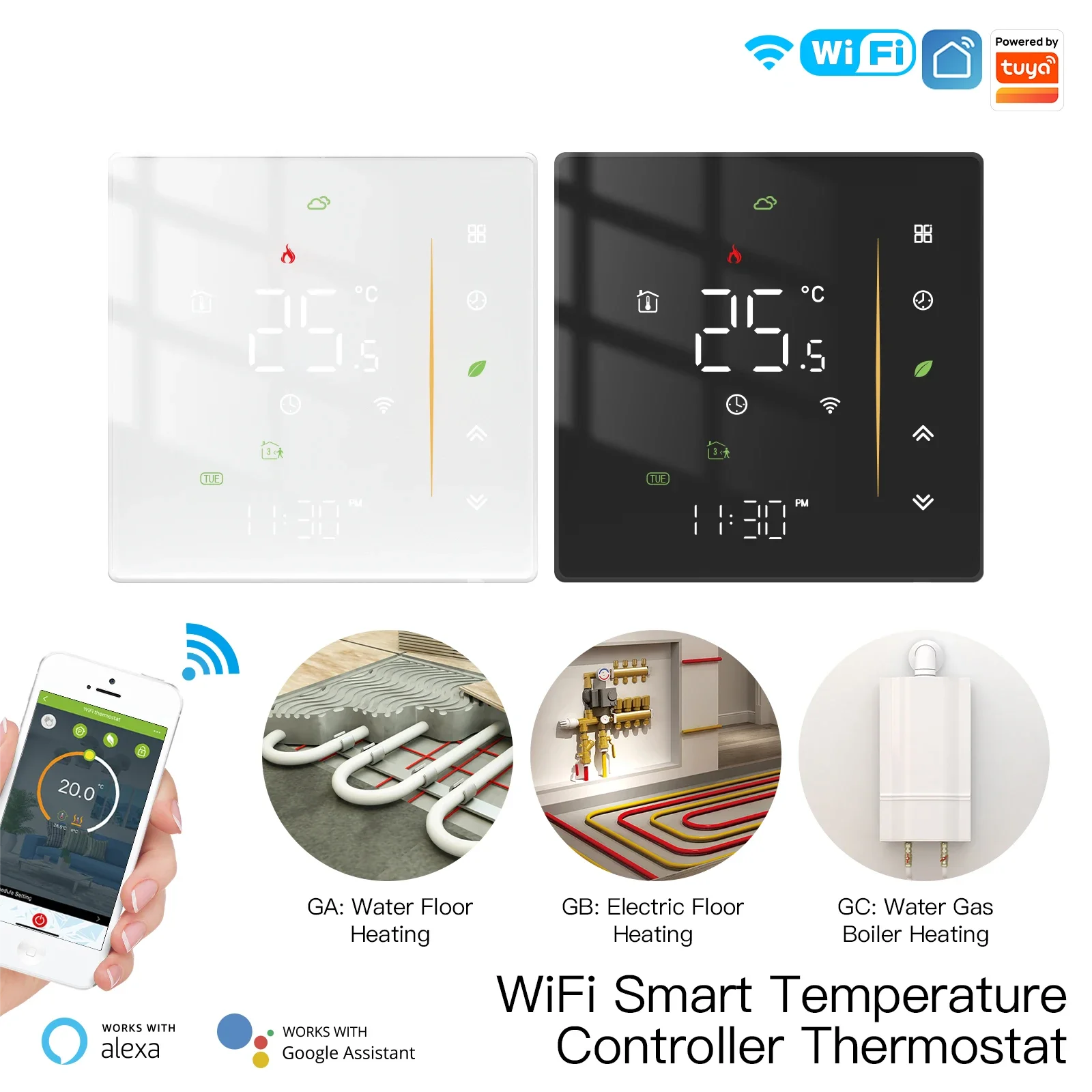 NeoHeat Sense Smart Thermostat with a sleek touch screen in black and white, compatible with floor heating, gas boilers, and electric systems. Features WiFi remote control, Alexa/Google Assistant compatibility, and energy-saving technology for sustainable smart homes.