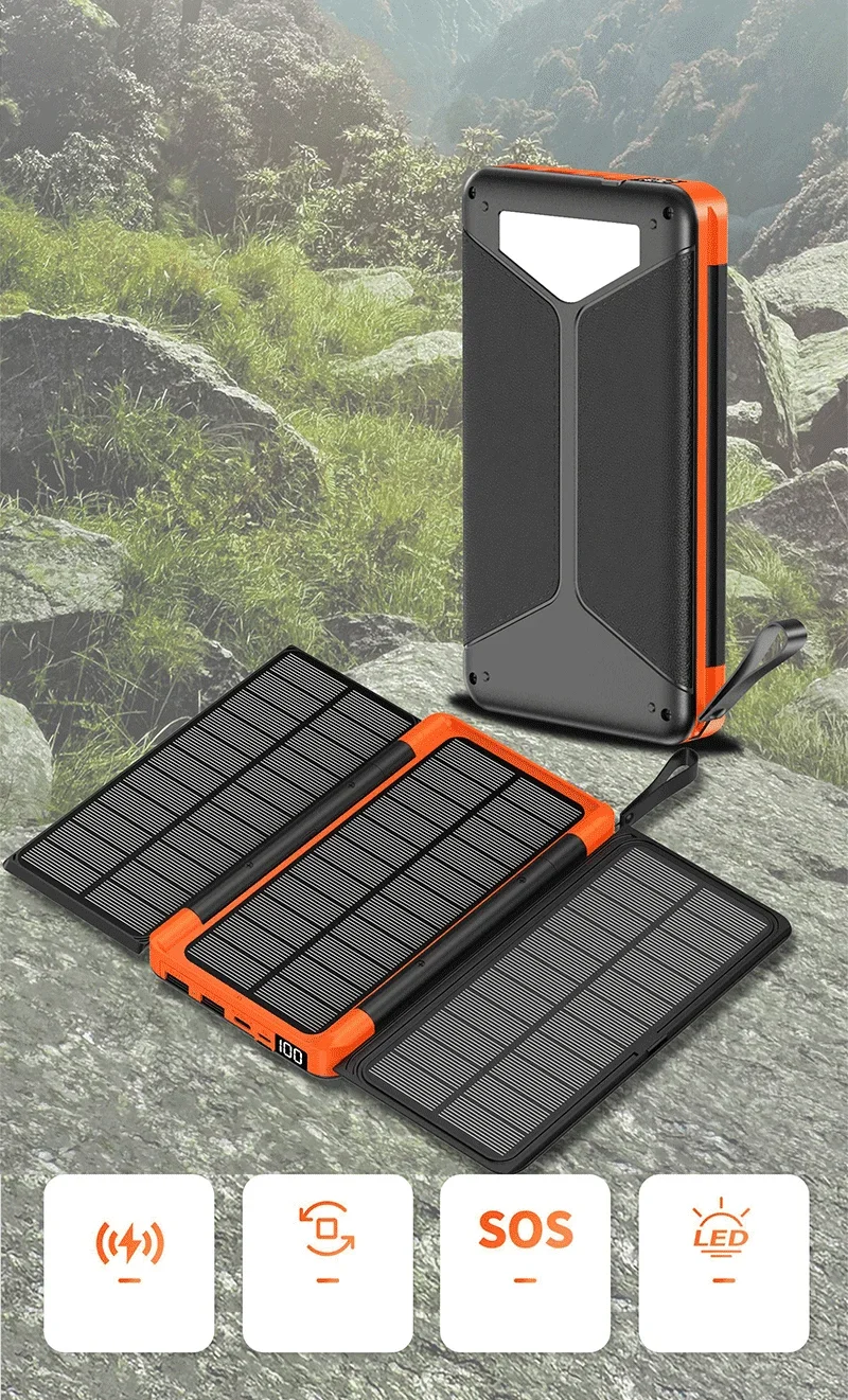 SolariX Core wireless solar power bank with 3 foldable solar panels and LED light for outdoor use.