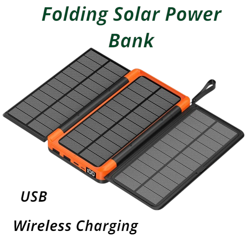 SolariX Core folding solar power bank with USB ports and wireless charging for portable device charging.